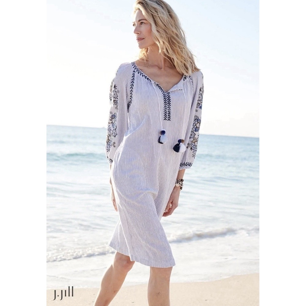 J. Jill Shift Dress Embroidered Small Ocean Breeze Floral Boho Blue Striped XS